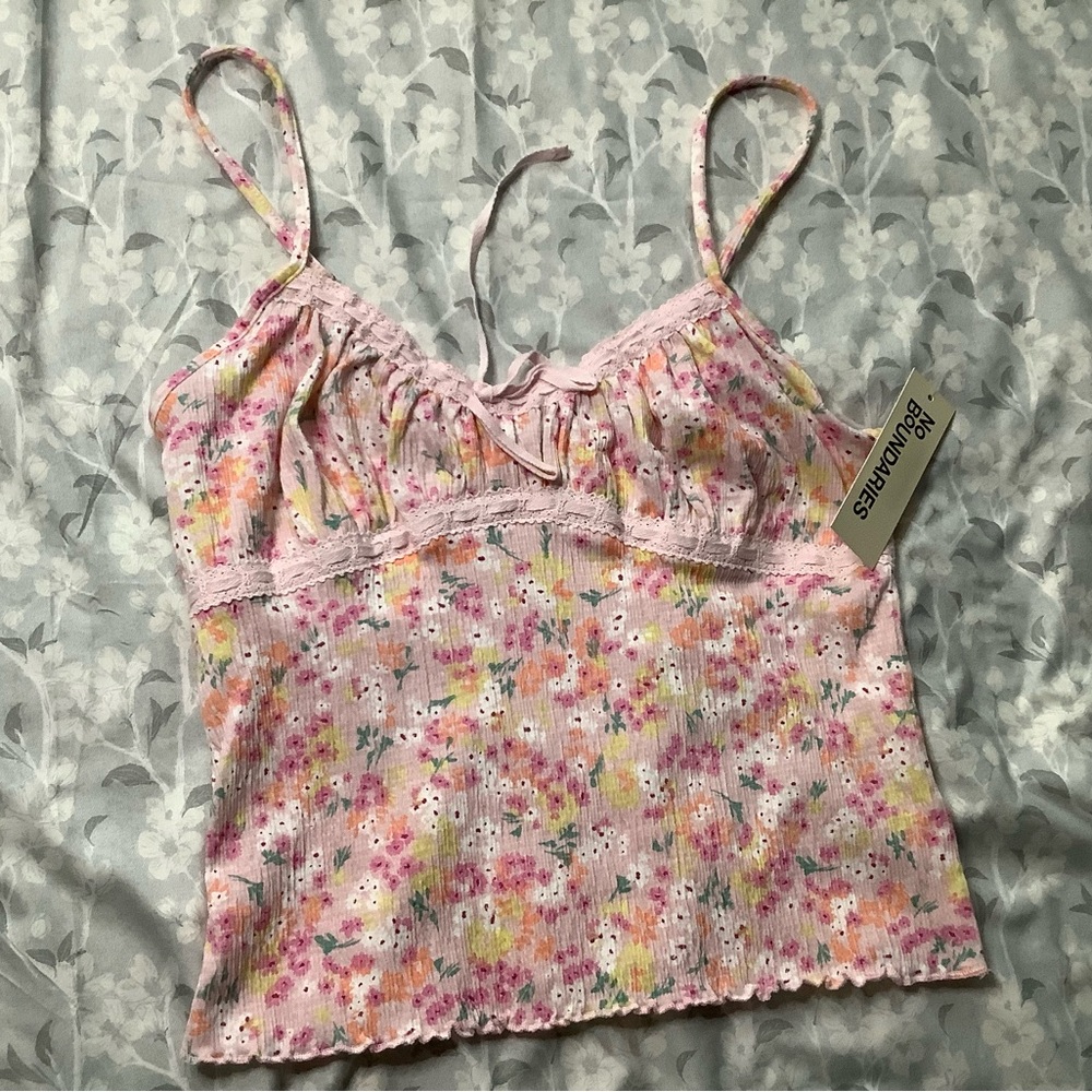 No Boundaries Pastel Floral Pink Ribbed Cami with Lace Trim Y2K spring wear